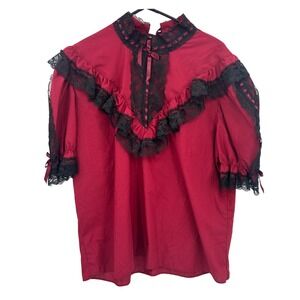 Gothic Victorian Lace Ruffle Blouse XL Burgundy Black Coquette Vampire